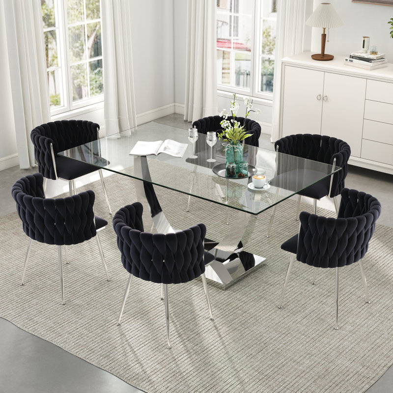 Rectangle Pedestal Dining Set with Woven Dining Chair, 29.5"H x 63"L x 35.4"W-Silver, Black, Silver