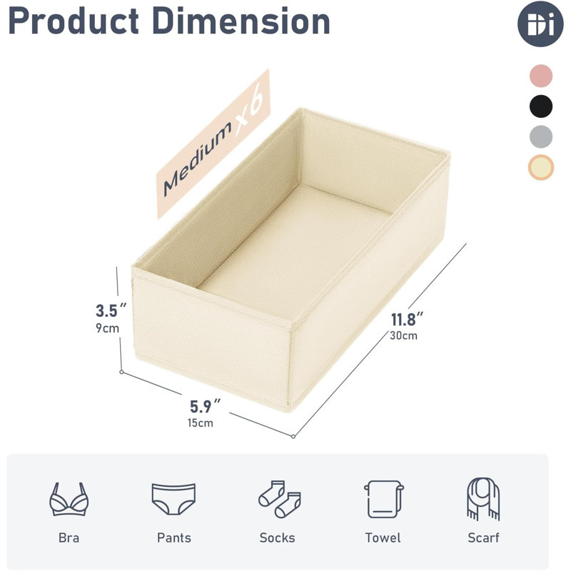 Drawer Organizer For Clothes - Underwear, Socks, Bras, Ties, And Belts Storage Box With Open Design, Side Insert Cardboard, Set Of 6 For Dresser And Wardrobe Organization