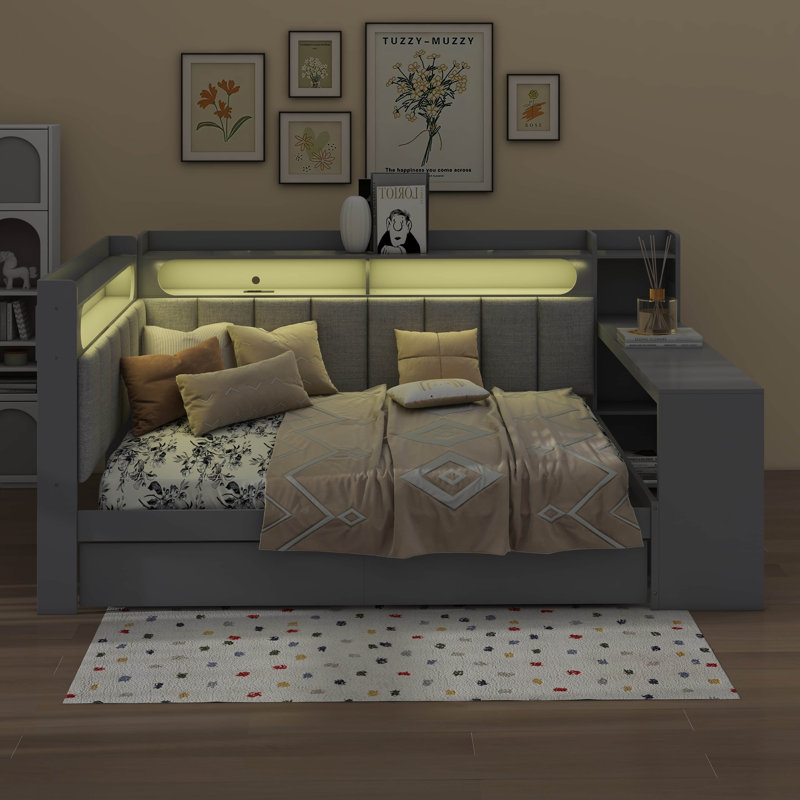Full Size Daybed With Storage Drawers & Desk, L-Shaped Corner Bed With LED Bookcase, Grey