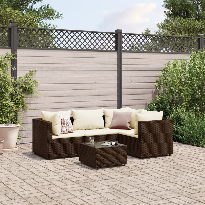 Latitude Run® 5 Piece Patio Lounge Set With Cushions Black Poly Rattan, Cream, 4, Brown