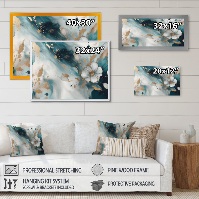 «Blue and Gold Exploration Floral Forms II», reproduction sur toile florale abstraite, Impression dorée sur toile encadrée