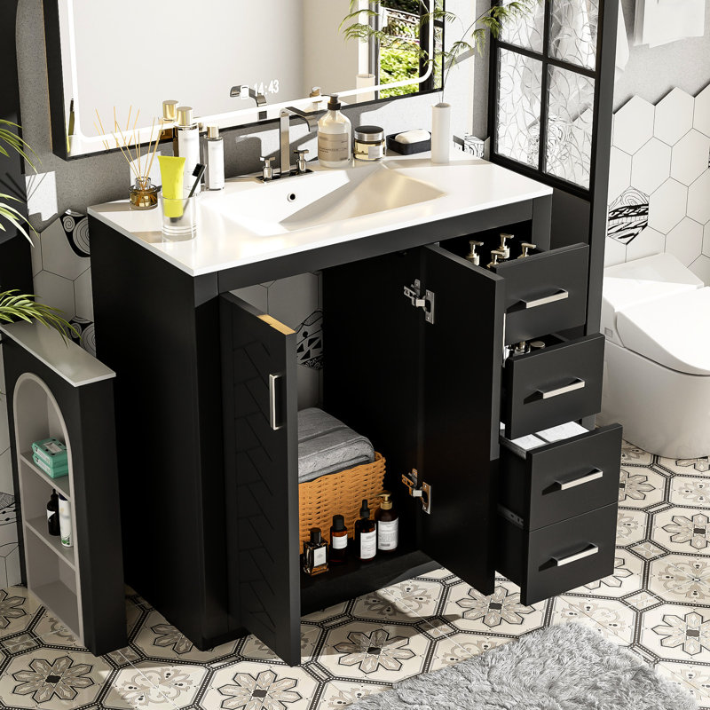 Meuble-lavabo noir 36 po avec lavabo en céramique: poignées élégantes et élégantes
