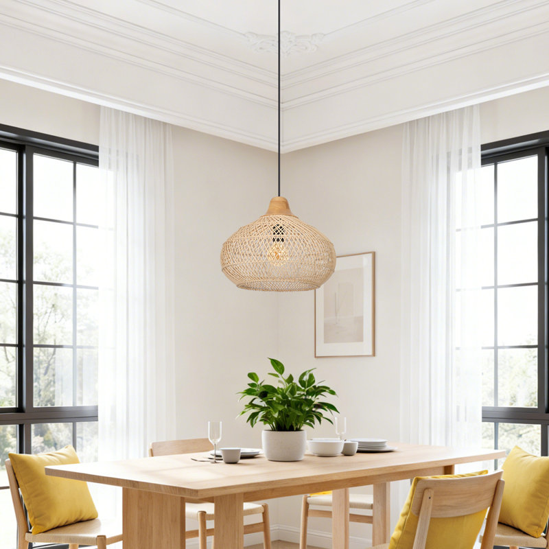 Natural Rattan Pendant Light for Kitchen Island, 12.6" H x 15.75" W x 15.75" D