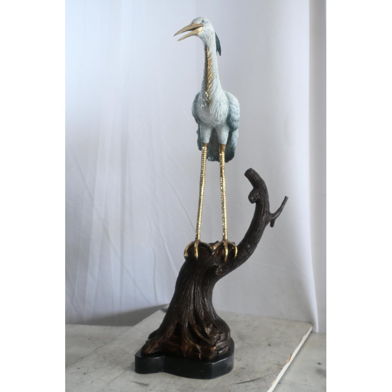 Sculpture bronze en forme de héron sur base de marbre en bois flotté 17 po x 17 po x H 37 po
