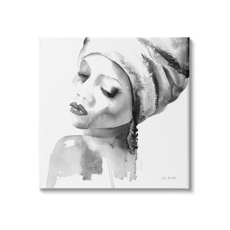 «Woman with Headwrap Tranquil Black White Watercolor Portrait XL», art mural sur toile tendue par Aimee Del Valley