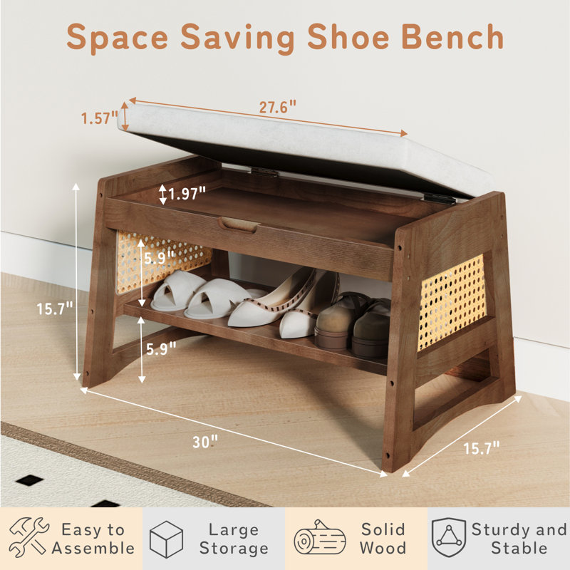 Shoe Rack Bench with Flip-Top Storage – 30" W x 15.7" H Solid Wood Shoe Organizer with Cushioned Seat and Side Hooks for Entryway, Hallway, Foyer, Closet, or Living Room