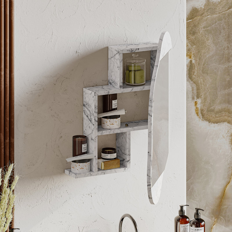 Burko Wavy Wall Mirror with Hidden Storage Shelves, White Marble
