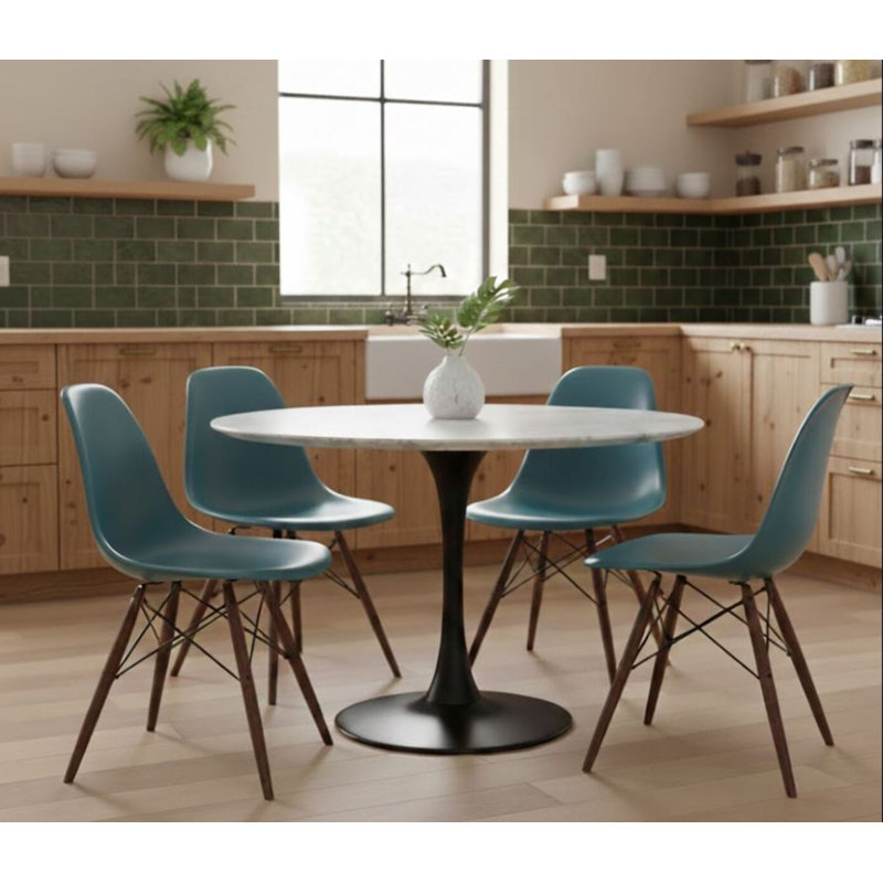 Chaise Hrileena Leffie avec pieds naturels, Bleu marine / vert, Noyer