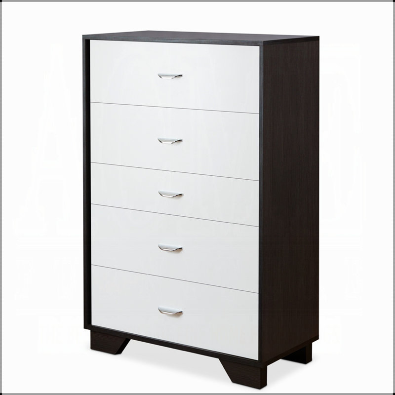 Commode blanche et espresso à 5 tiroirs avec rangement spacieux, fabrication durable et design élégant pour les chambres modernes.