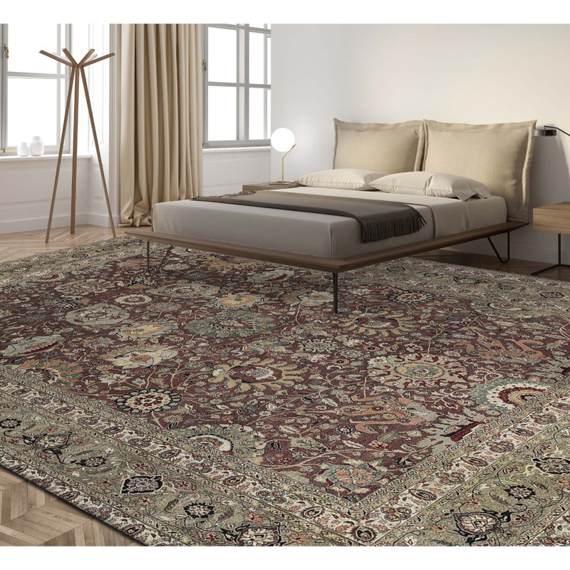 Tapis brun et vert de haute qualité noué à la main