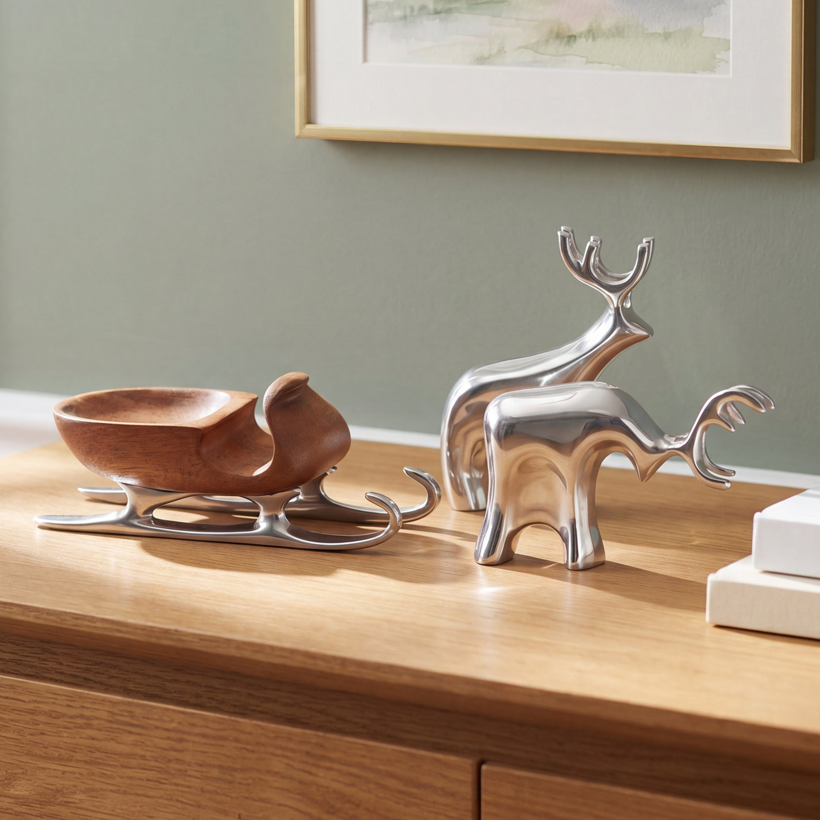Nambé Alloy and Wood 3-Piece Sleigh and Reindeer Set