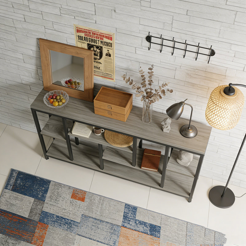 Entryway Sofa Table with Storage Shelves, Gray & Black