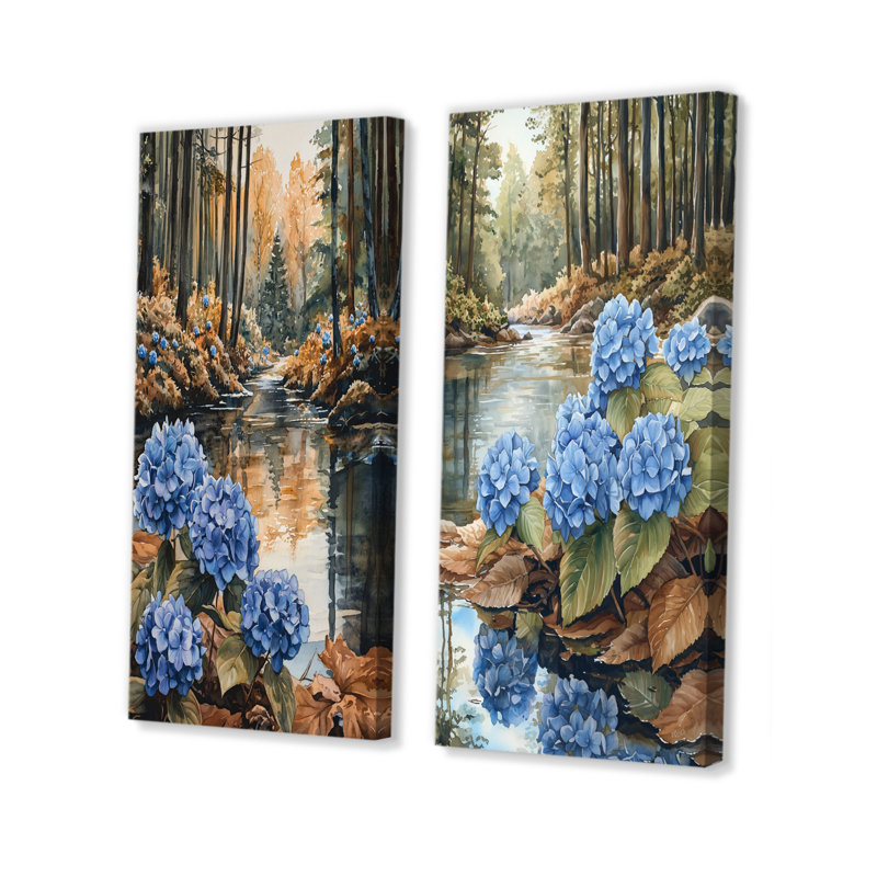 Hortensias près de la rivière Forest I - impressions sur toile florales 2 panneaux, H 40 po x l 41 po, Toile tendue