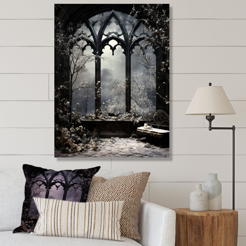 «Midnight Gothic Winter Window View III - Winter Landscape», art mural, Toile tendue, H 20 po x l 12 po x P 1 po