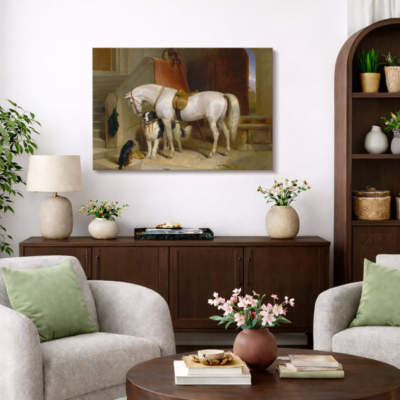 Illustration de cheval blanc et de chiens blancs, photos de l'entrée rustique, impression sur toile encadrée., Toile tendue