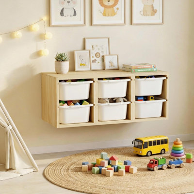 Montessori Wood Wall Mounted Toy Organizer with 6 Removable Bins, 3-in-1 Space-Saving Hanging Shelf & Activity Table and Nursery Toy Box for Kids