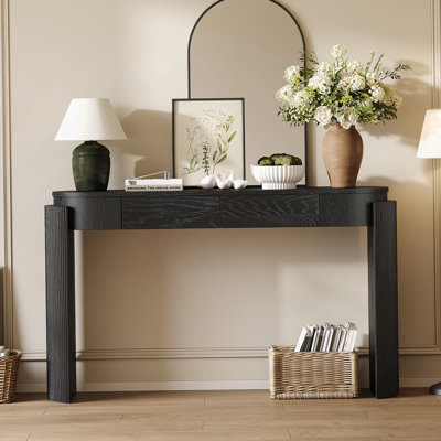 Table d'entrée avec finition grain de bois naturel, console avec conception cannelée, plateau ovale et 2 tiroirs pour l'entrée et le salon (noir)