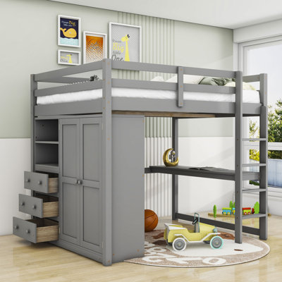 Jayoti Full Size Wood Loft Bed With Wardrobe And Desk, Drawers by Harriet Bee