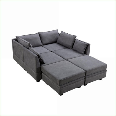 Sectional Sofa, Modern 6-Seat U-Shape Modular Convertible Sofa Bed with Reversible Chaise &amp; Storage Seats | Linen | Light Green