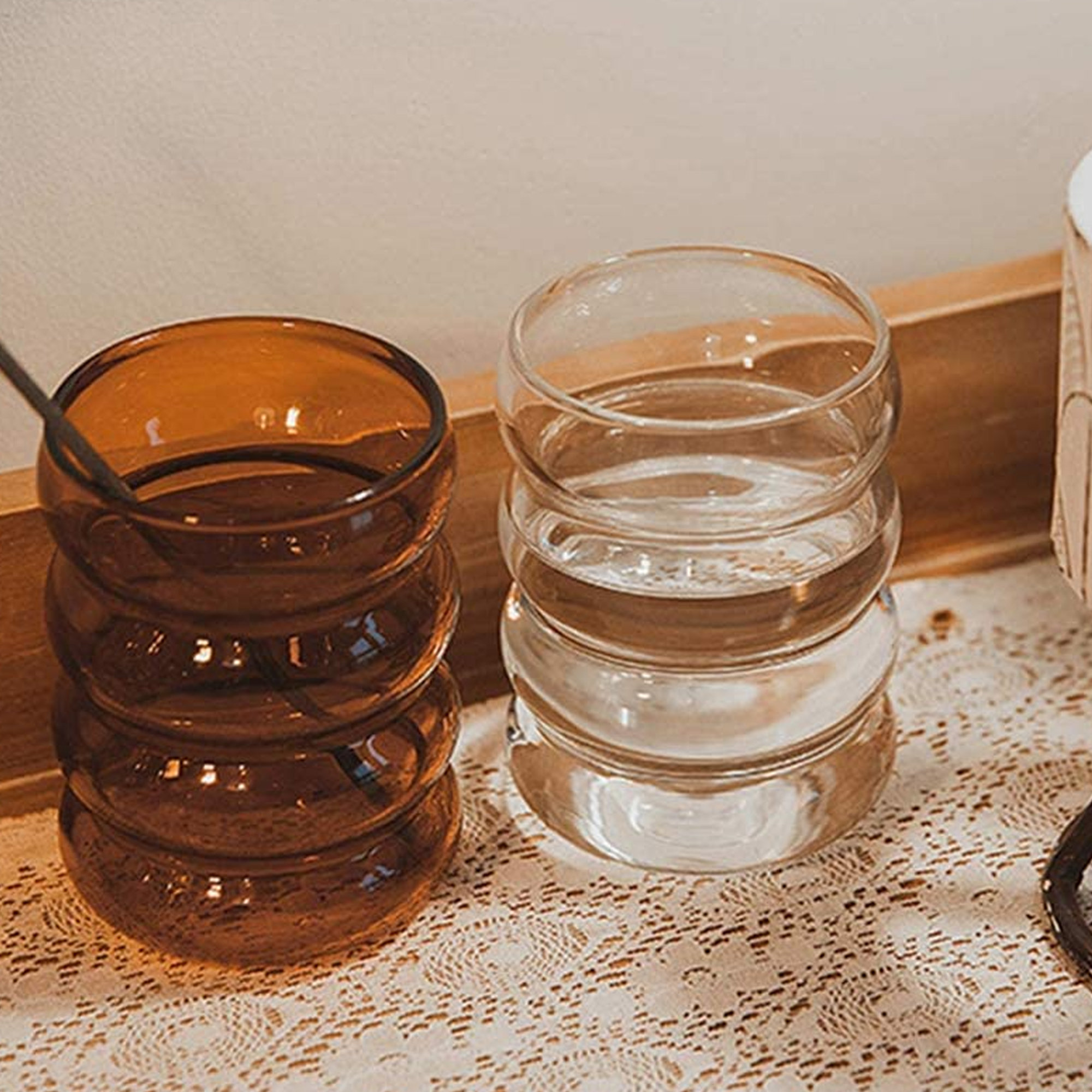 Ribbed Glass Cup, 11 oz Ribbed Drinking Glasses Glassware, Aesthetic Water  Cocktail Glasses, Thick Glass Coffee Cups, Vintage Iced Coffee Cup, Coffee  Accessories 