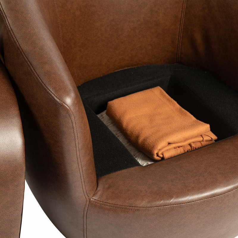 Fauteuil demi-tonneau rembourré pivotant avec rangement, Simili cuir brun foncé