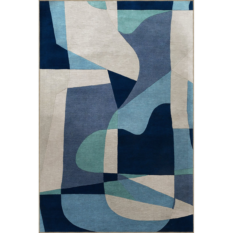 Tapis décoratif moderne à motif géométrique bleu à motif géométrique, Rectangle 4 pi 11,06 po x 7 pi 6,55 po