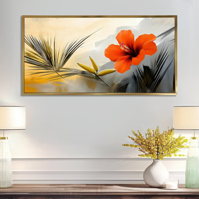 Red Yellow Tropical Hibiscus and Palms – Red Floral Canvas Wall Art, Colourful Framed Print