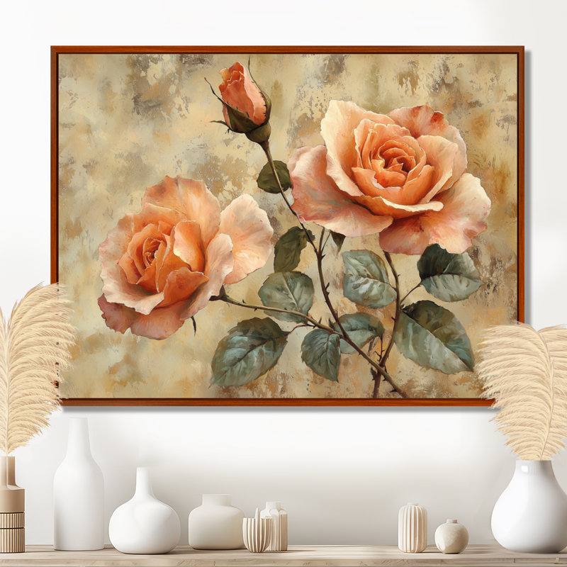 Roses, tons de terre, fleurs IV - roses, art mural, H 24 po x l 32 po, Impression encadrée flottante, Brun