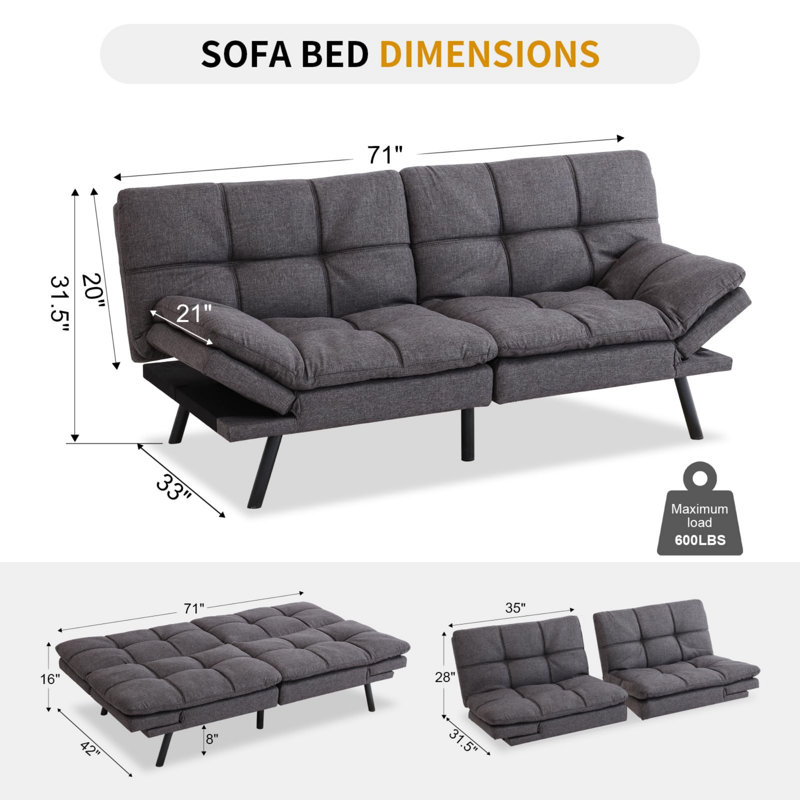 Canapé-lit convertible avec futon, causeuse compacte de 71 po, petit héros, tout confort, Similicuir gris foncé