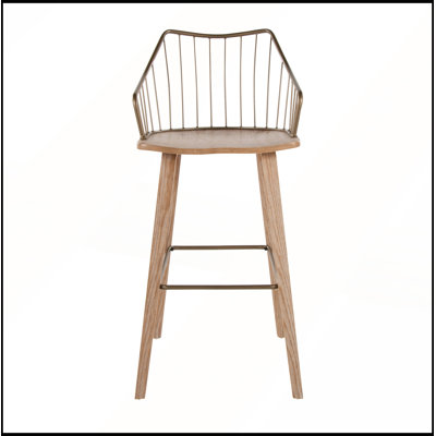 Fixed-Height Barstool with Whitewashed Wood and Antique Copper Metal