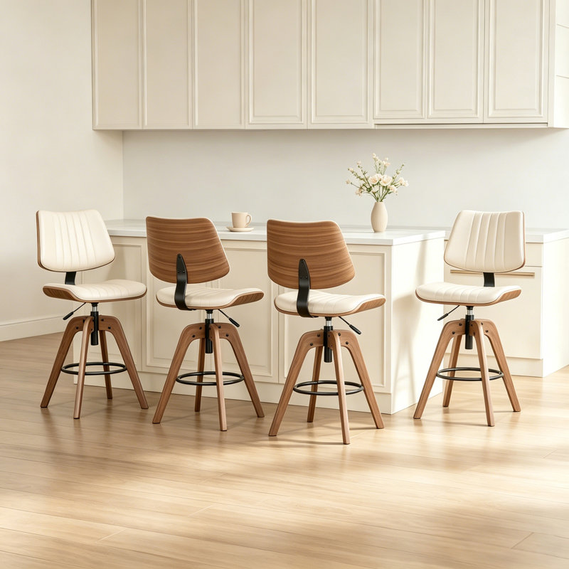 Adjustable Height Swivel Bar Stools With Back, Modern Pu Leather Counter Stool For Kitchen Island (Set of 4), Beige, 4