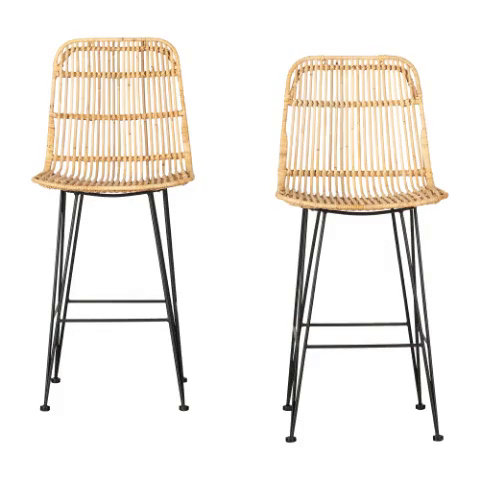 Handmade Rattan and Black Metal Counter Stools, Set of 2
