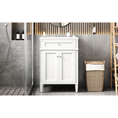 Meuble-lavabo de 24 po, lavabo en céramique, pieds solides, charnières et tablette réglable pour la salle de bain à la maison, meuble-lavabo 24 po avec armoire, organisateurs de tiroir, petit design élégant