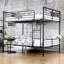 Lit superposé double en métal de style industriel avec barrières de sécurité supérieures, structure de tuyau, finition noir antique, détails en cuivre peint à la main, ensembles de lattes intégrées, huit configurations disponibles,