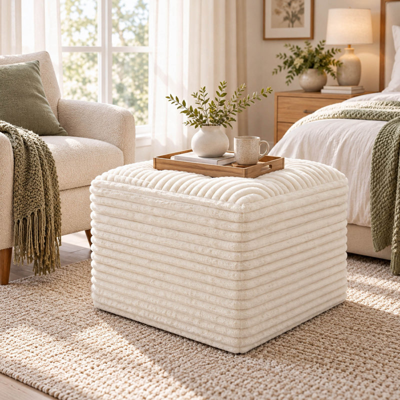 Pouf carré en velours côtelé 23,6 po avec support en mousse double couche, beige