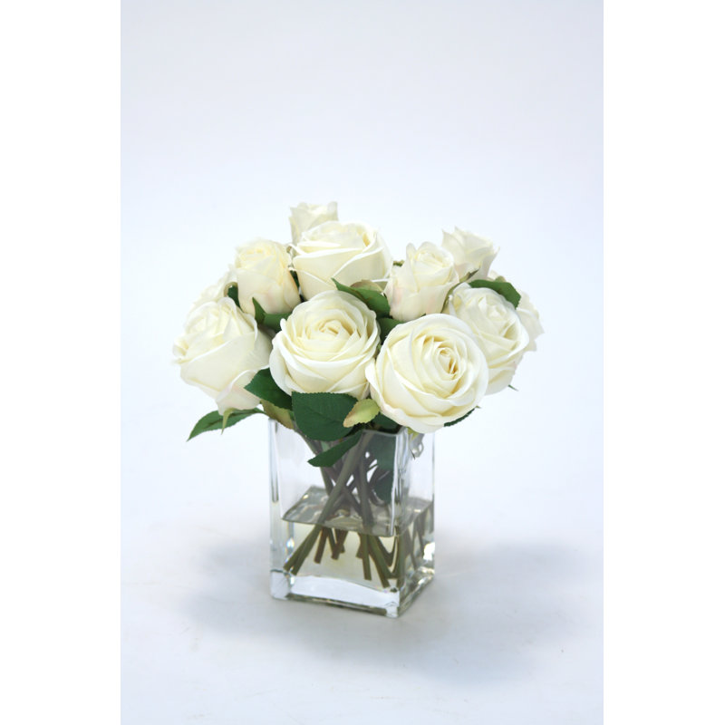 Polysilk Roses Arrangement in Vase, 12" H x 10" W x 10" D, White
