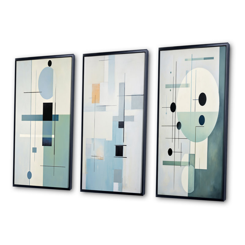 «Beige, sarcelle, suprématisme, harmonies spatiales», 3 pièces sur toile, Cadre noir, H 20 po x l 36 po