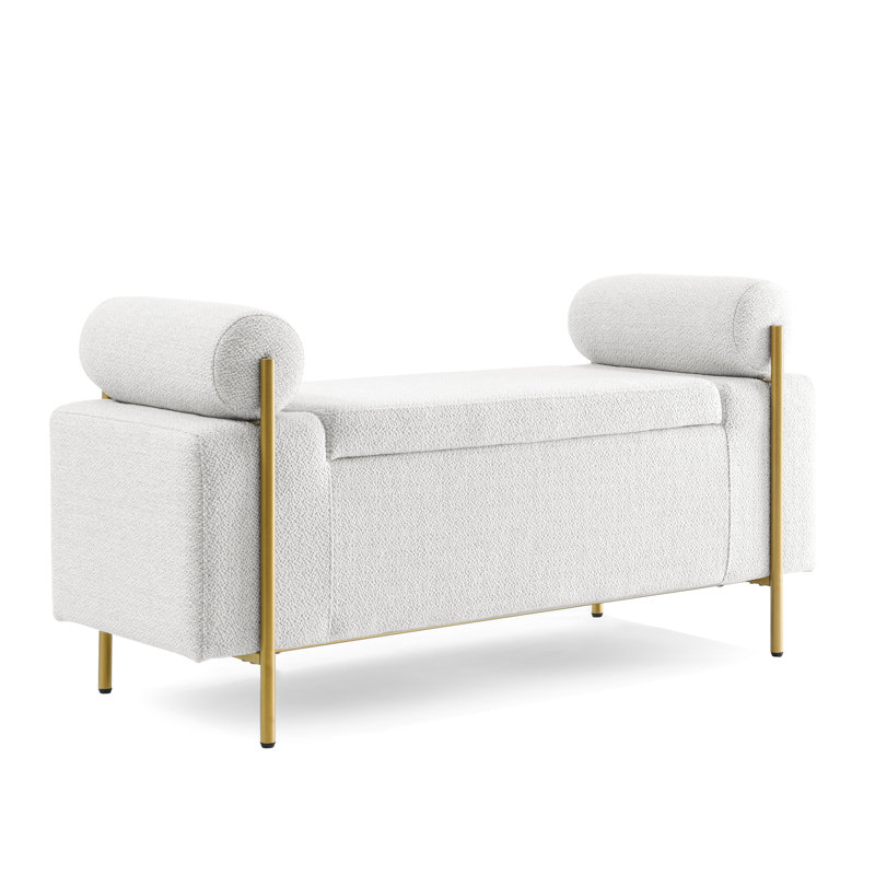Modern Upholstered Linen Storage Seat With Cylindrical Arms & Iron Legs - White For Bedroom, Living Room, Hallway Bench White, Trendsetting