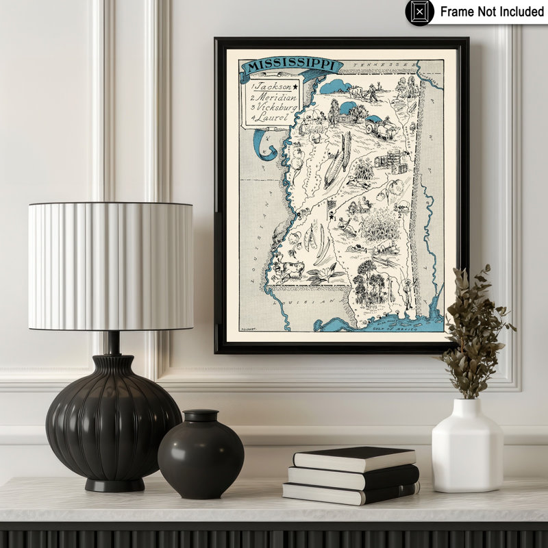 Carte illustrée du Mississippi, H 24 po x l 32 po, Affiche, Sans cadre