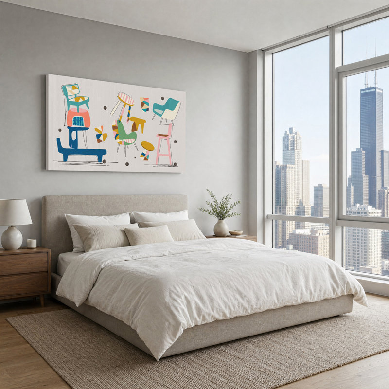 Tableau sur toile représentant des chaises et des tabourets géométriques pastel, 46“W x 24”H