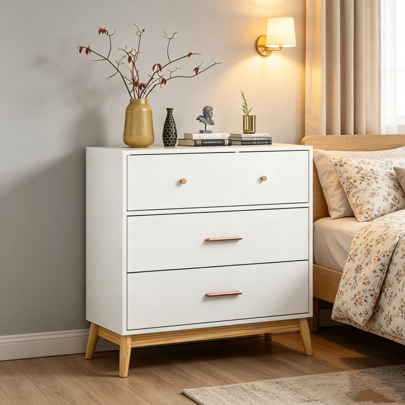 Armoire de rangement à 3 tiroirs Nordic White avec poignées en or rose et base en bois massif