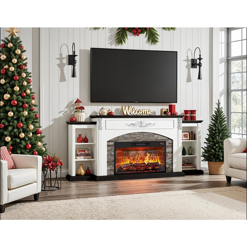 80"W Electric Fireplace Tv Stand With Mantel , Media Storage For Living Room, 35.6"H x 80"L x 13.5"W, White & Black