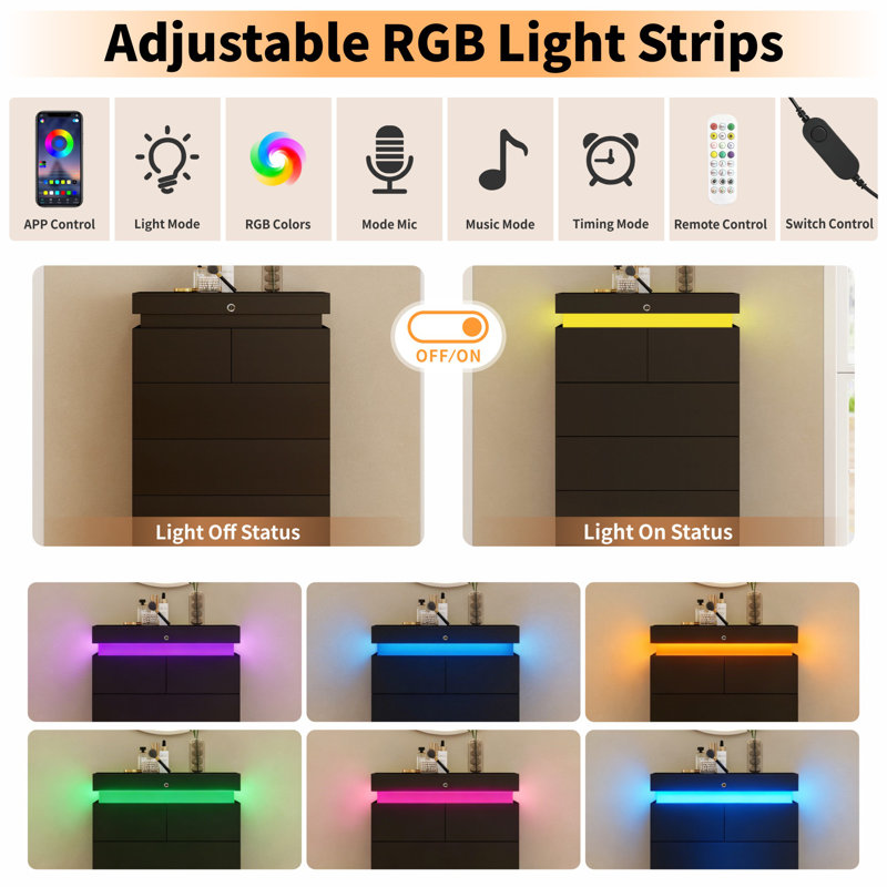 48.4"H Tall 6 Drawer Dresser With RGB LED Light & Charging Station, Modern Chest Of Drawers For Bedroom With Sliding Locking Top