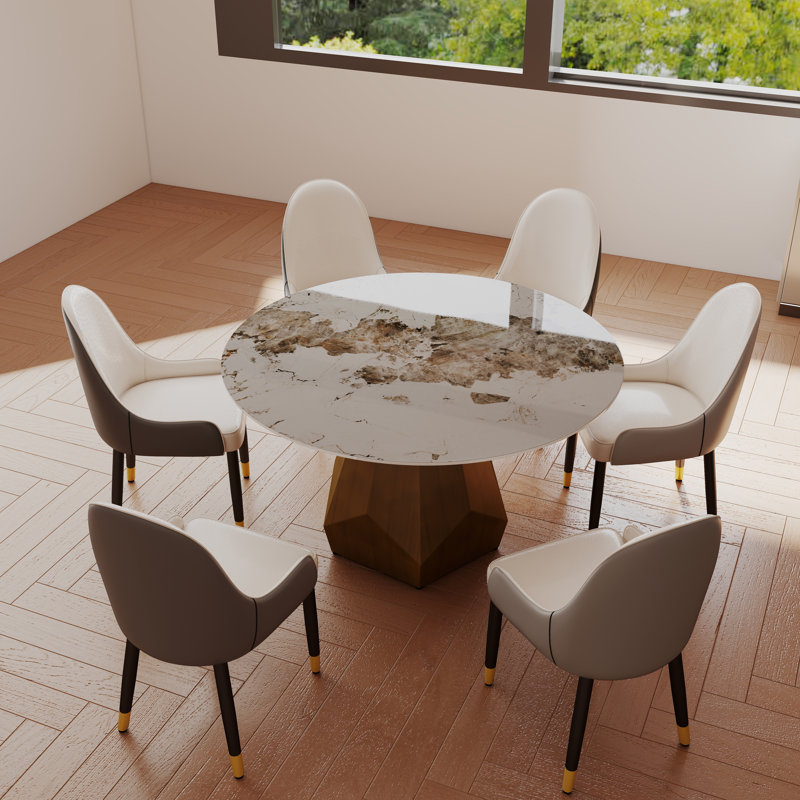 7 - Piece Stone Top Pedestal Dining Set, 29.53"H x 53.15"L x 53.15"W, Pandora