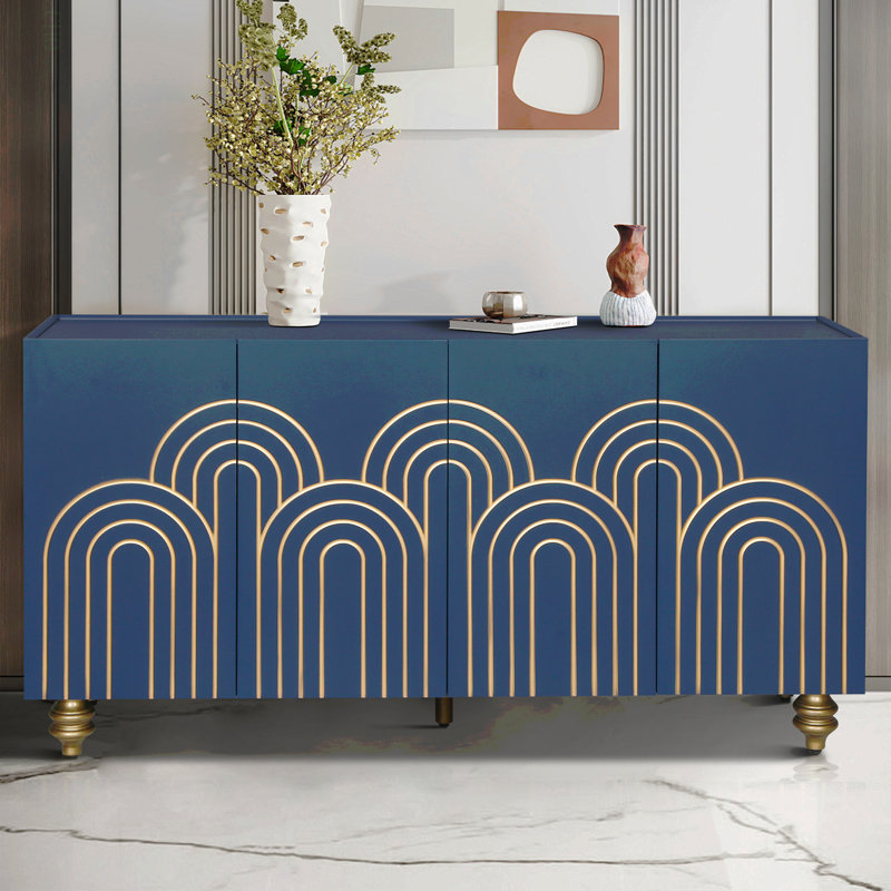 Buffet moderne cannelé avec rangement, élément courbe avec lignes strictes, armoire de rangement à 4 portes avec tablettes réglables pour la cuisine, la salle à manger et le salon