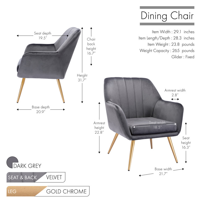 16.3'' H Velvet Upholstered Armchair, Dark Gray Velvet