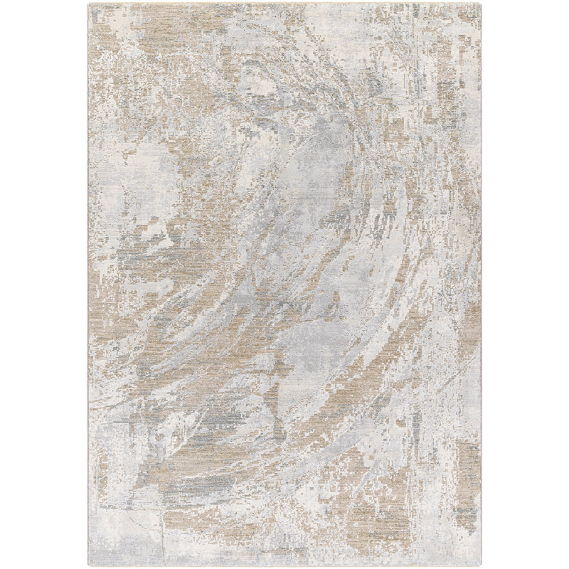 Tapis abstrait en polypropylène tissé à la machine en beige / gris, Rectangle 2 pi 7 po x 4 pi