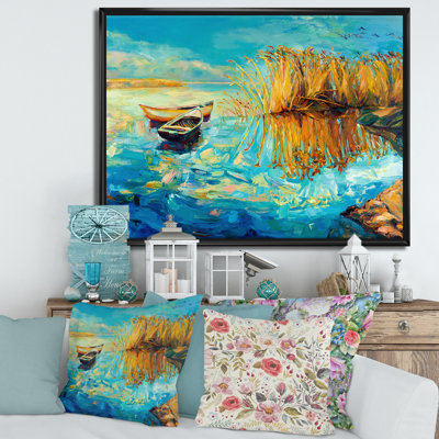 «Turquoise Lake With Orange Trees pendant le coucher du soleil», peinture sur toile