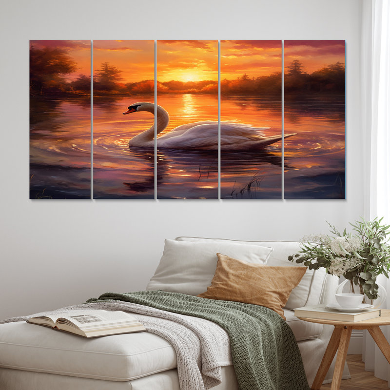 Cygne blanc, coucher de soleil romantique - animaux, art mural sur toile, 5 panneaux égaux