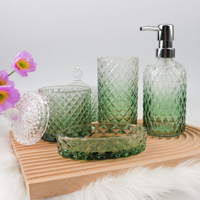 Bathroom Accessories Set, 5Pcs Bathroom Soap Dispenser Set, Glass Bathroom Accessories with Glass Soap Dispenser, Soap Dish, Toothbrush Holder, Tumbler, Cotton Swab Jar (Gradient Clear & Green)